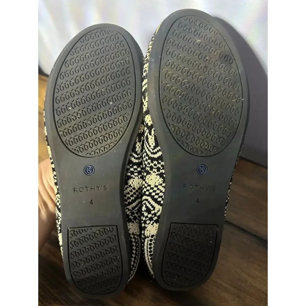 Rothy's Kids Sz 4 Bow Mary Jane Black & Cream Mosaic Pattern Back to School